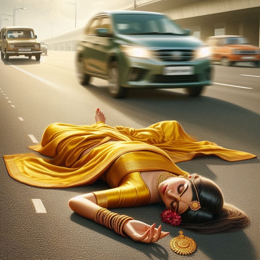 Suganthi faints on the road. A car is about to hit her.