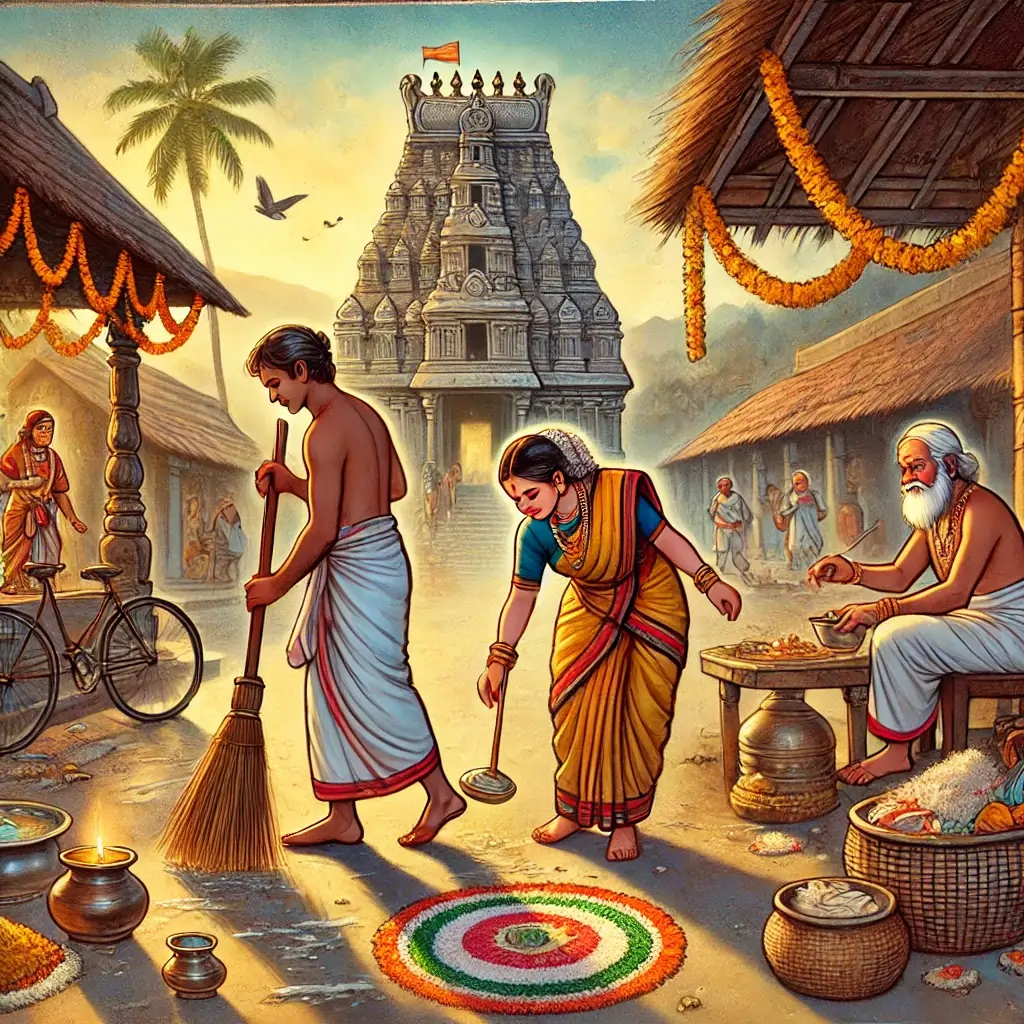 A scene depicting Savithri working diligently in the temple, sweeping and decorating with rangoli, and Rangan selling religious items at the temple entrance. DNA Astrology