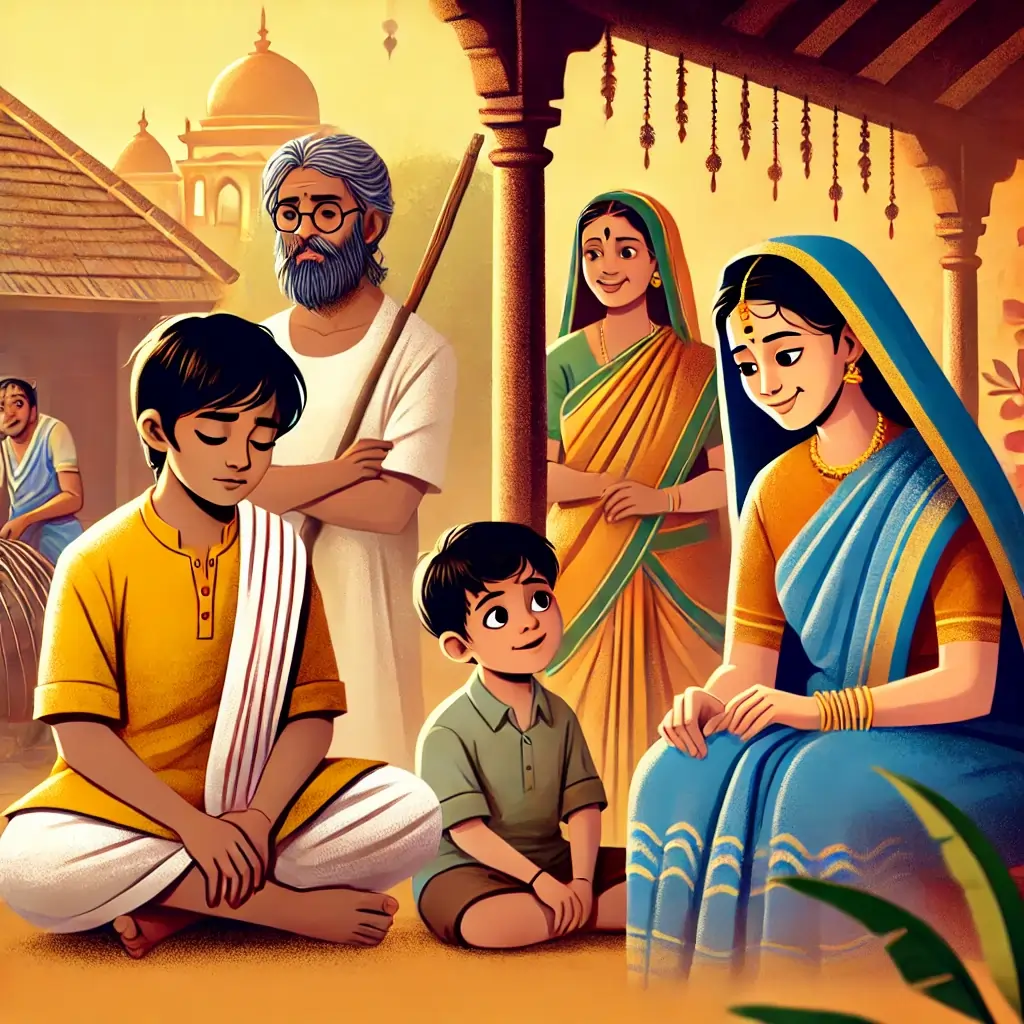 A scene showing Savithri's son with a worried expression, sitting apart from other children, while Savithri looks on with concern. Sita is seen lovingly taking care of Savithri's son at her home. DNA Astrology