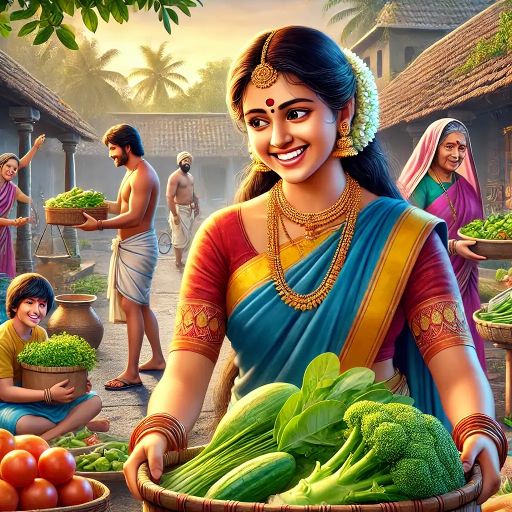 A scene showing Valli, Savithri's daughter-in-law, happily working at the temple, taking over the chores from her mother-in-law. In the background, Rangan is selling vegetables and greens, with their sons helping in the bustling market.